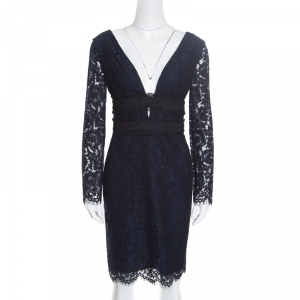 Pre Owned Diane Von Furstenberg Deep Night Blue Lace Plunge Neck Long Sleeve Viera Dress S