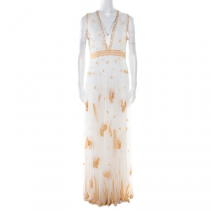 Pre Owned Diane Von Furstenberg Ivory and Gold Embroidered Tulle Plunge Neck Vivanette Goddess Gown M
