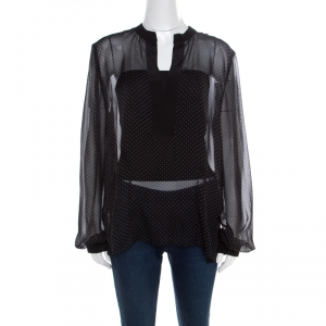 Pre Owned Diane Von Furstenberg Black Navier Dot Sheer Silk Long Sleeve Blouse XL