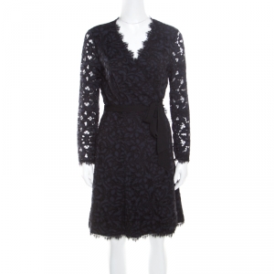 Pre Owned Diane von Furstenberg Navy Blue and Black Guipure Lace Scalloped Trim Shaelyn Wrap Dress L