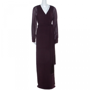 Pre Owned Diane von Furstenberg Cherry Purple Plisse Chiffon Solenn Wrap Gown L