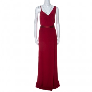 Pre Owned Diane Von Furstenberg Red Silk Asymmetrical Side Slit Gown XL