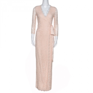 Pre Owned Diane von Furstenberg Cream Floral Lace Julianna Wrap Maxi Dress XS