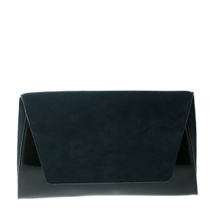 Diane Von Furstenberg Navy Blue/Black Suede and Patent leather Uptown Clutch