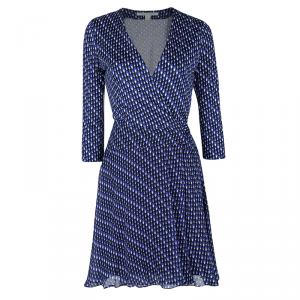 Pre Owned Diane Von Furstenberg Blue Printed Silk Irina Wrap Dress S