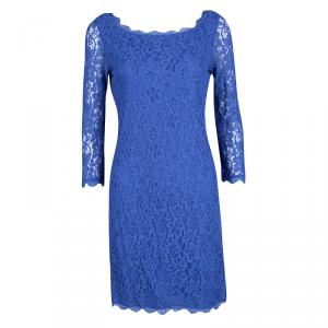 Pre Owned Diane Von Furstenberg Blue Lace Zarita Long Sleeve Dress M