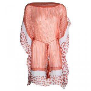 Pre Owned Diane Von Furstenberg Orange and White Tassel Detail Silk Kainda Kaftan XS