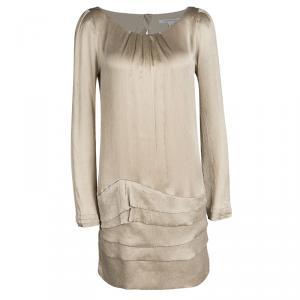 Pre Owned Diane Von Furstenberg Beige Crinkled Silk Tiered Long Sleeve Tiari Dress S