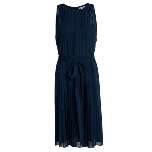 Pre Owned Diane Von Furstenberg Navy Blue Plisse Belted Sleeveless Ria Dress L