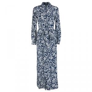 Pre Owned Diane Von Furstenberg Navy Blue Floral Printed Silk Amina Belted Maxi Shirt Dress S