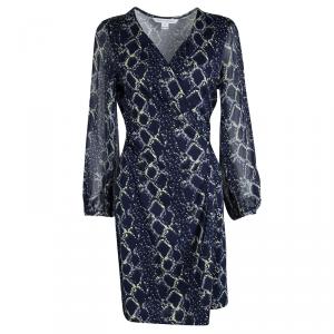 Pre Owned Diane Von Furstenberg Navy Blue Grid Print Sigourney Wrap Dress M