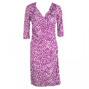 Pre Owned Diane Von Furstenberg Purple Printed Draped Bentley SJ Three Quarters Dress L