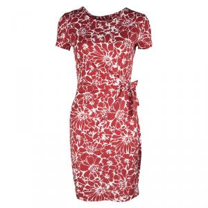 Pre Owned Diane Von Furstenberg Red and White Floral Print Faux Wrap Zoe Dress XS