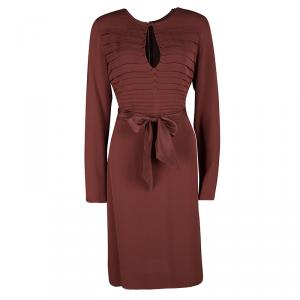 Diane Von Furstenberg Brick Red Silk Pintuck Detail Long Sleeve Belted Kimian Dress L