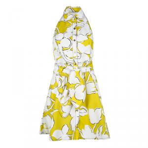 Pre Owned Diane Von Furstenberg Yellow and White Eden Garden Tenner Floral Print Halter Dress S
