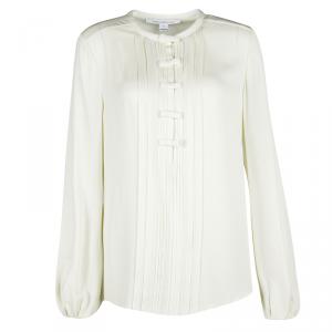 Pre Owned Diane Von Furstenberg  Cream Silk Pintuck Detail Long Sleeve Novalee Blouse M
