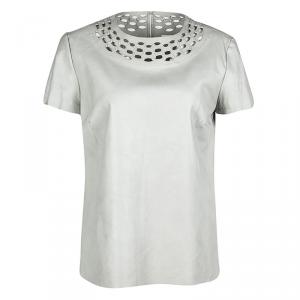 Pre Owned Diane Von Furstenberg Grey Cutout Leather Short Sleeve Yvanna Top M