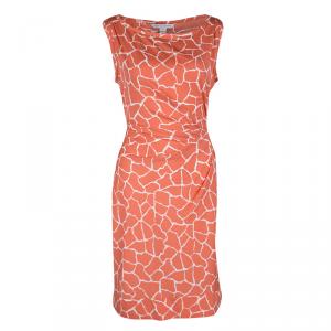 Pre Owned Diane Von Furstenberg Orange and White Printed New Della Dress M
