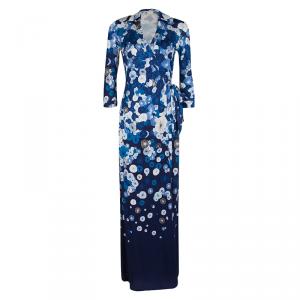 Pre Owned Diane Von Furstenberg Blue Floating Flower Print Silk Jersey Abigail Wrap Maxi Dress S