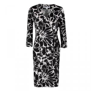 Pre Owned Diane Von Furstenberg Monochrome Cotton Silk Floral Print New Julian Two Wrap Dress M