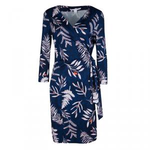 Pre Owned Diane Von Furstenberg Indigo Snake Leaves Print Silk Jersey New Julian Two Wrap Dress L