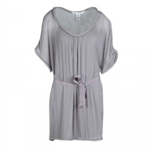 Pre Owned Diane Von Furstenberg Grey Silk Chiffon Bead Trim Belted Sol Tunic S