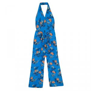 Diane Von Furstenberg Blue Floral Printed Silk Tie Detail Jumpsuit XS