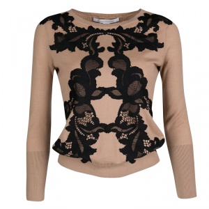 Diane Von Furstenberg Brown Contrast Floral Lace Applique Detail Ribbed Trim Shara Sweater S