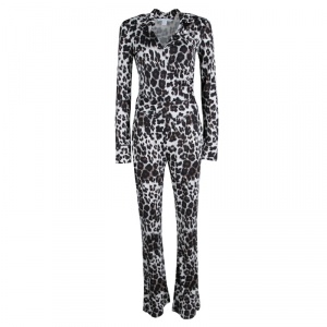 Diane Von Furstenberg Snow Cheetah Printed Silk Jersey Wrap Jumpsuit S