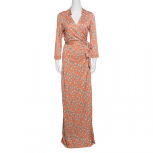 Pre Owned Diane Von Furstenberg Peach Floral Printed Silk Jersey Abigail Maxi Wrap Dress L