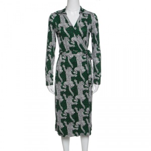 Pre Owned Diane Von Furstenberg Green Animal Figure Printed Jersey Silk Cybil Wrap Dress S