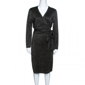 Pre Owned Diane Von Furstenberg Black Lurex Knit Long Sleeve Wrap Dress L