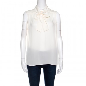 Pre Owned Diane Von Furstenberg Cream Silk Neck Tie Sleeveless Britni Blouse L