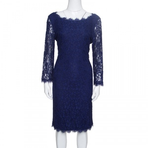 Pre Owned Diane Von Furstenberg Navy Blue Zarita Long Sleeve Lace Dress L