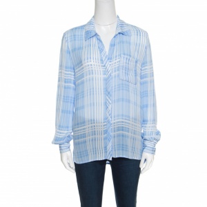 Pre Owned Diane Von Furstenberg Carter Blue and White Plaid Long Sleeve Shirt S