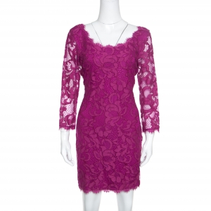Pre Owned Diane Von Furstenberg Berry Pink Floral Lace Zarita Scoop Dress M