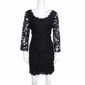 Pre Owned Diane Von Furstenberg Black Floral Lace Zarita Scoop Dress L
