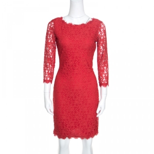 Pre Owned Diane Von Furstenberg Red Lace Long Sleeve Colleen Dress S