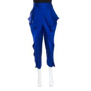 Pre Owned Diane Von Furstenberg Royal Blue Silk Waist Bow Detail Pegged Pants M