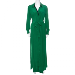 Pre Owned Diane Von Furstenberg Green Silk Belted Long Sleeve Shirt Dress S