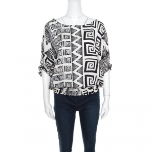Pre Owned Diane von Furstenberg Monochrome Geometric Motif Printed Silk Handy Blouse S