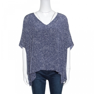 Pre Owned Diane Von Furstenberg Navy Blue and White Dotted Silk Dolman Sleeve Top S