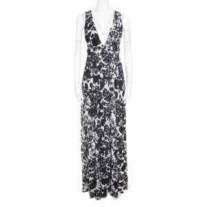Pre Owned Diane Von Furstenberg Monochrome Floral Printed Jersey Cover Up Kandace Maxi Dress L