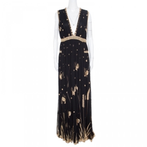 Pre Owned Diane Von Furstenberg Black Embroidered Tulle Plunge Neck Vivanette Goddess Gown L