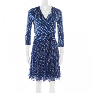 Pre Owned Diane Von Furstenberg Blue Printed Silk Irina Wrap Dress S