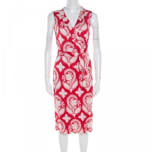 Pre Owned Diane von Furstenberg Red Floral Printed New Yahzi Short Wrap Dress L