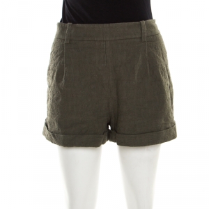 Diane Von Furstenberg Olive Green Cotton Jacquard Gillian Pleated Shorts L