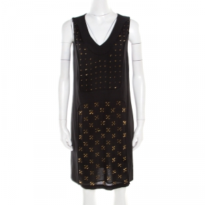 Pre Owned Diane Von Furstenberg Black Embellished Twiggy Hot Fix Check Dress M