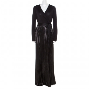 Pre Owned Diane Von Furstenburg Black Metallic Plisse Heavyn Wrap Maxi Dress M