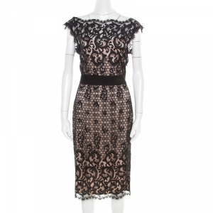 Pre Owned Diane Von Furstenberg Black and Blush Pink Floral Lace Norfolk Dress S